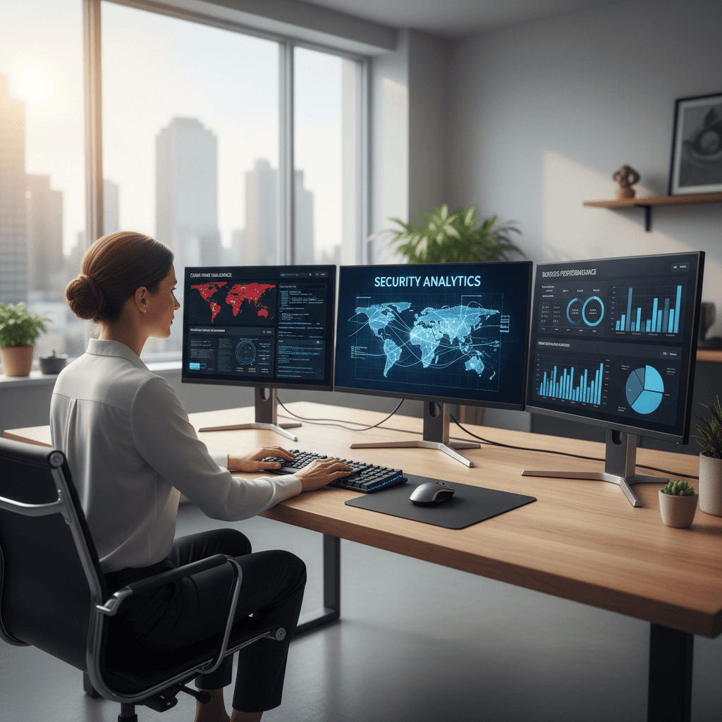 IT consultant at modern workspace with technology dashboards